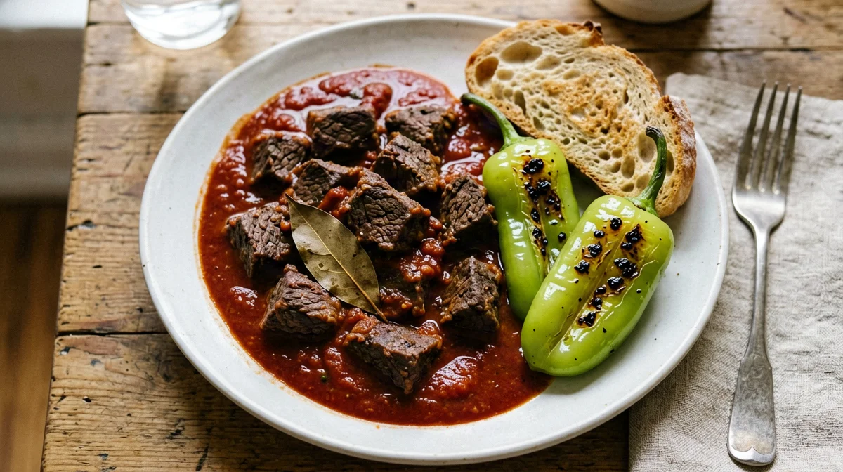 Pignata di cavallo al pomodoro con pane e friggitelli