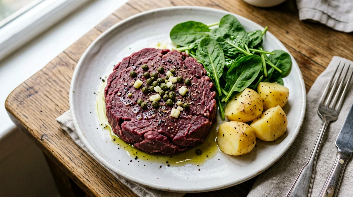 Tartare di cavallo con capperi, rucola e patate lesse