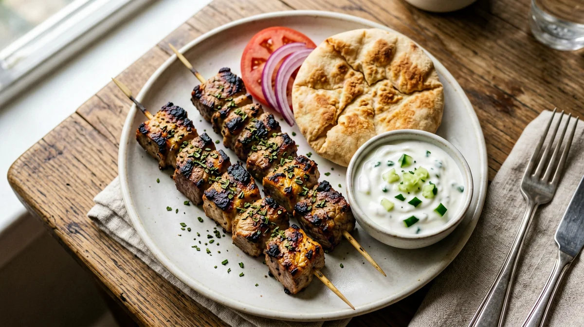 Souvlaki di maiale con salsa allo yogurt e cetriolo e pita