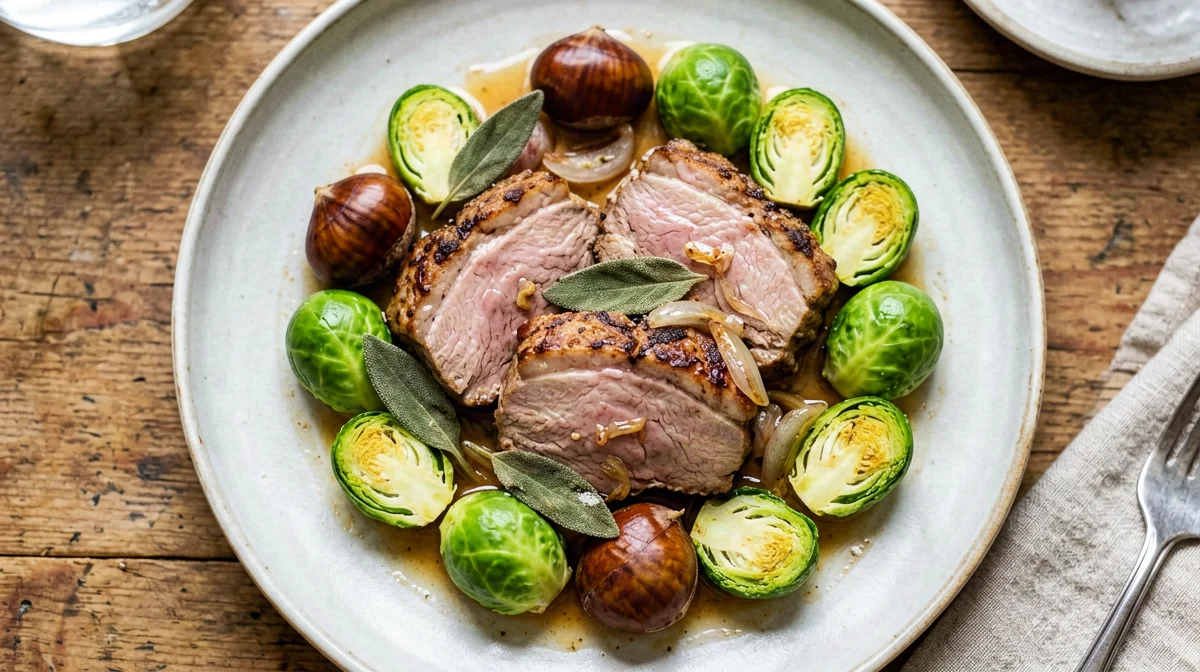 Pork tenderloin with chestnuts and Brussels sprouts
