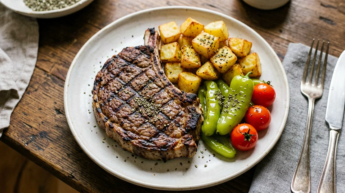 Pork chop with friggitelli peppers and pan-fried potatoes