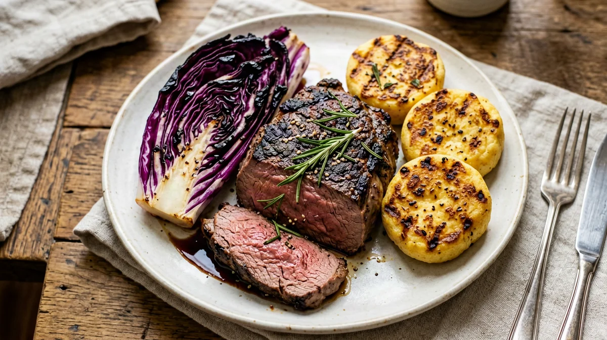 Sliced beef with grilled radicchio and polenta