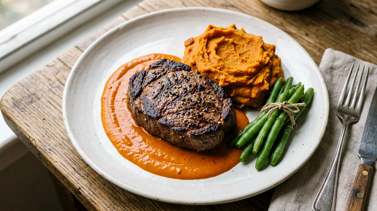 Beef fillet with pepper sauce and sweet potato mash