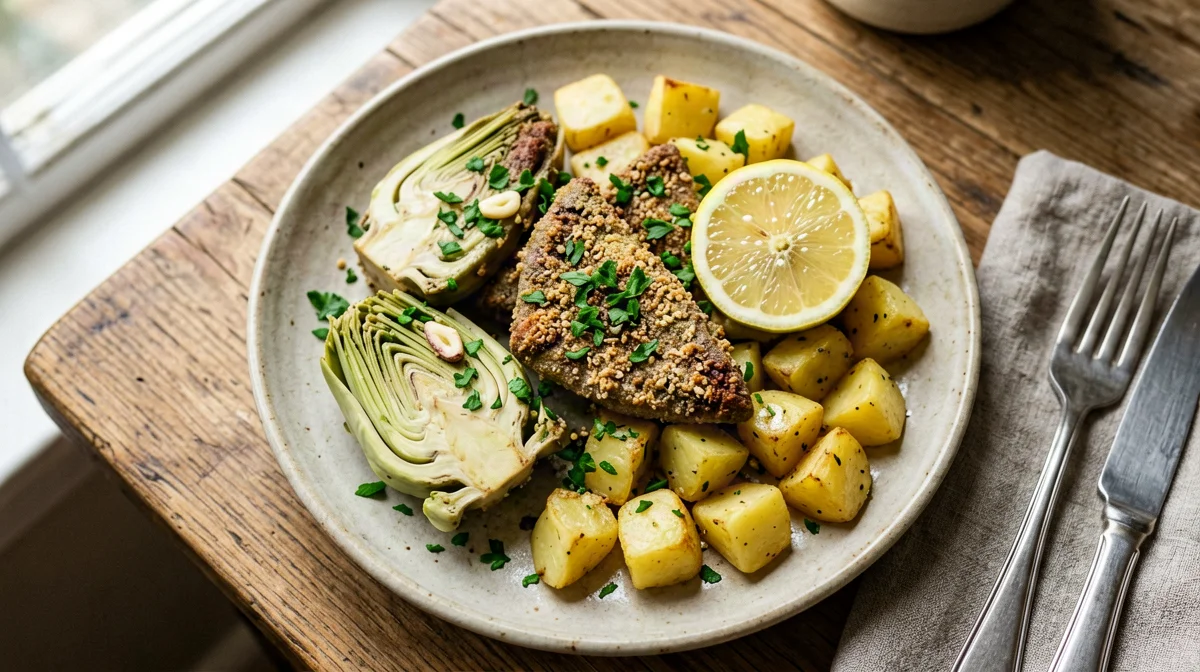 Veal sweetbreads with artichokes and potatoes