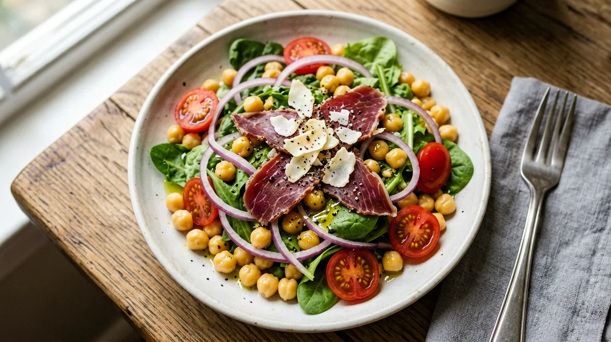 Insalata di bresaola, ceci, pomodorini e rucola