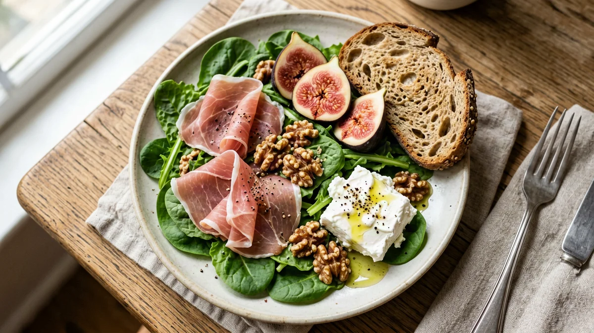 Prosciutto with figs, goat's cheese and multigrain bread