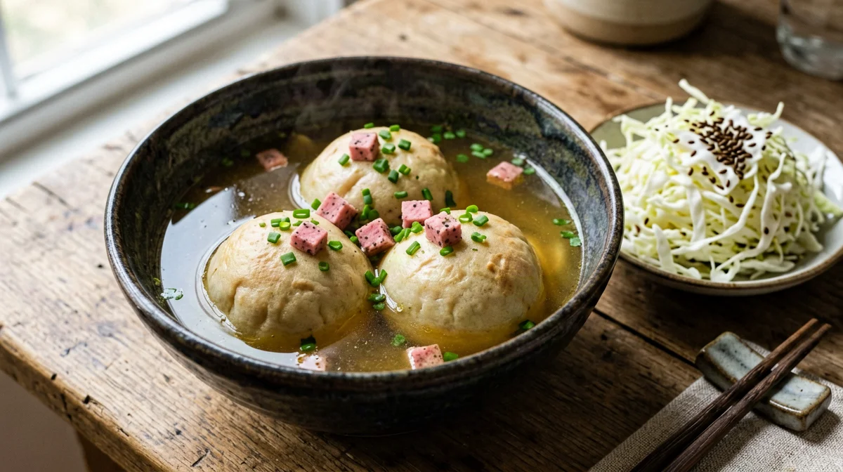 Speck canederli in broth with white cabbage salad
