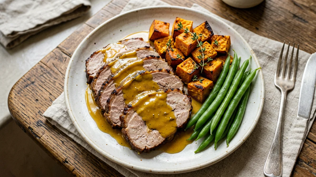 Filetto di maiale al miele e senape con patate dolci e fagiolini