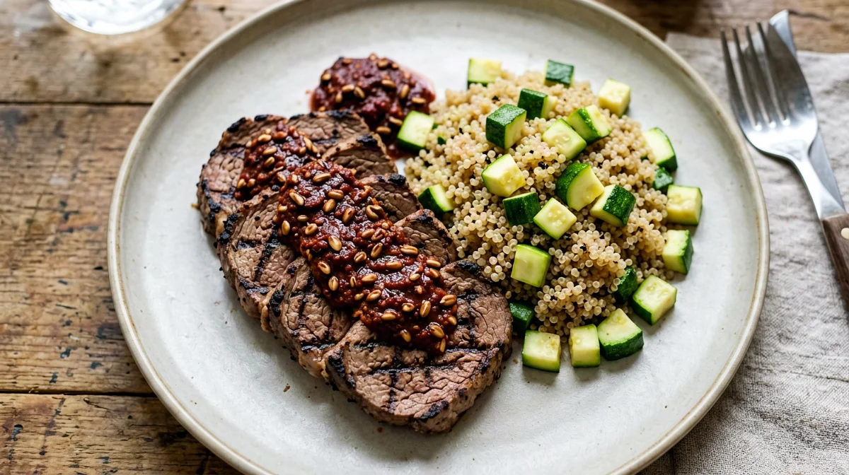 Fettine di vitello con pesto di pomodori secchi e quinoa