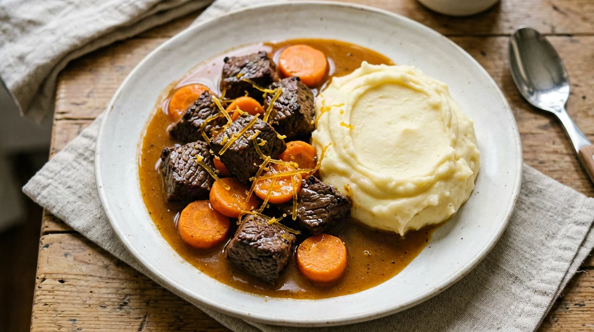 Orange beef stew with carrots and mash