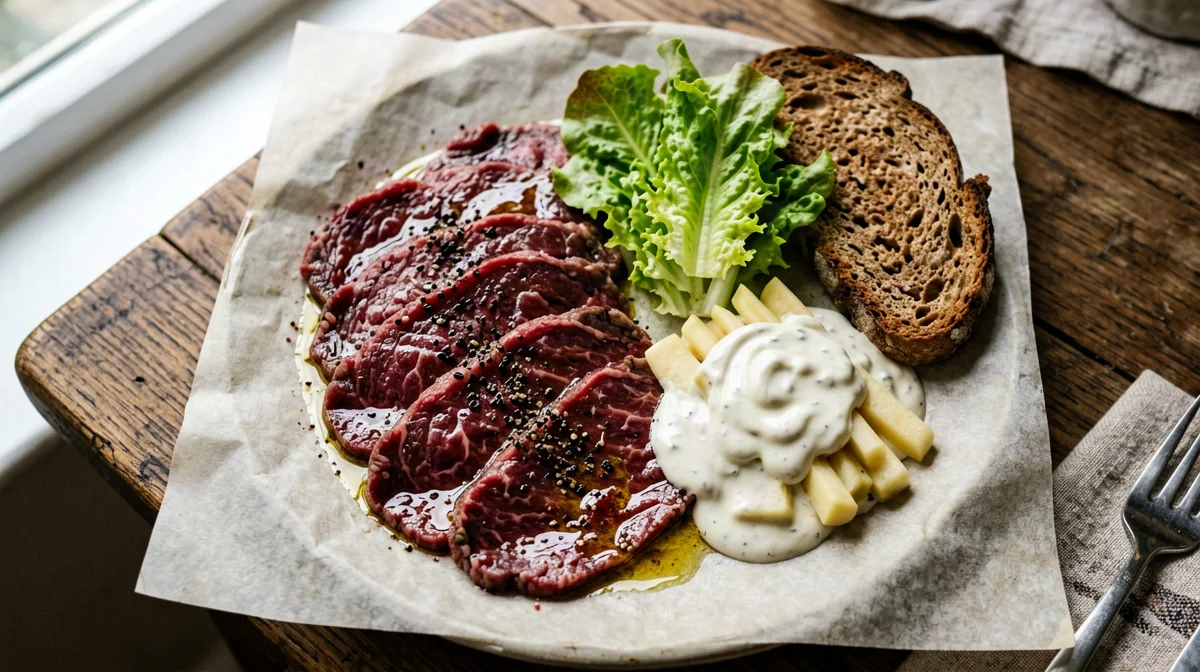 Beef carpaccio with celeriac, apple and mustard and rye bread
