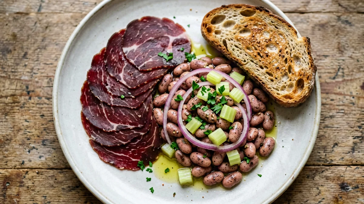 Bresaola con borlotti, cipolla rossa e prezzemolo e pane tostato