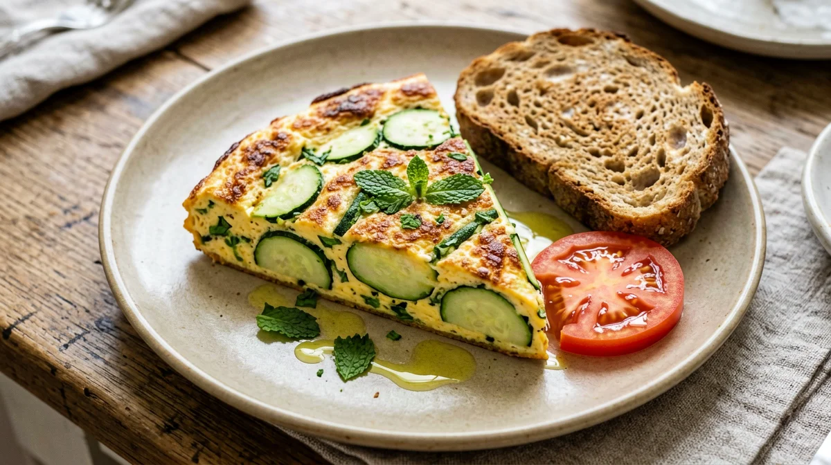 Frittata di zucchine e menta con pane integrale e pomodori