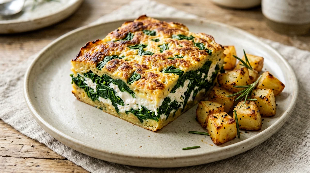 Baked spinach and ricotta frittata with roast potatoes