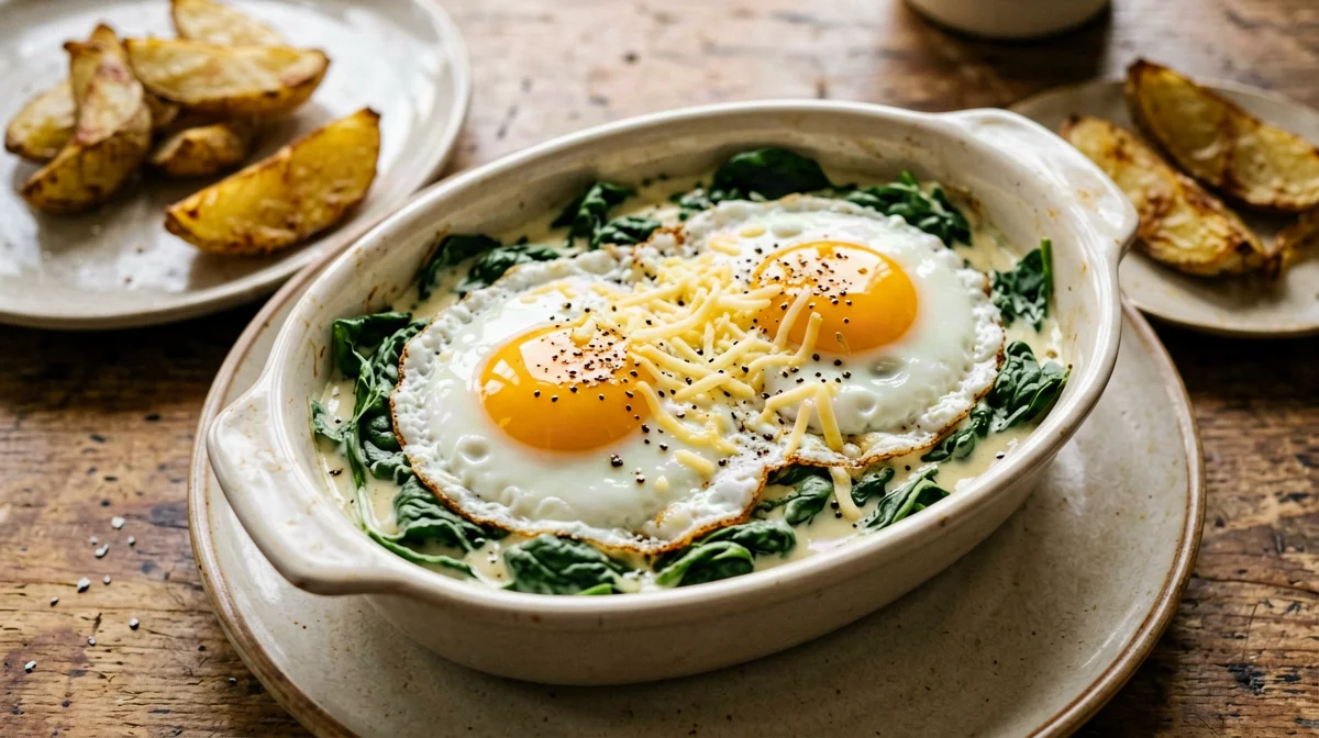 Florentine eggs on spinach with roast potatoes