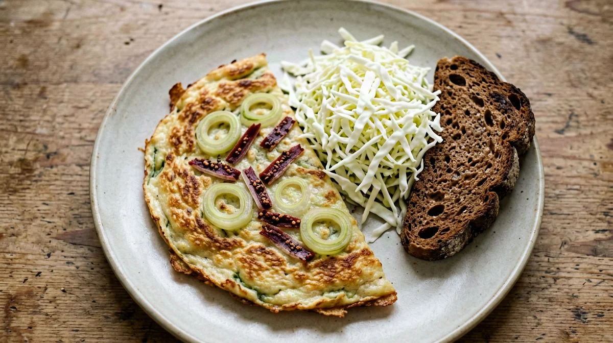 Frittata di porri e speck con pane di segale e cavolo cappuccio
