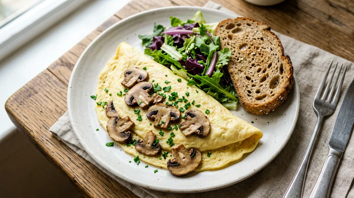 Omelette ai funghi ed erbe con insalata e pane ai cereali