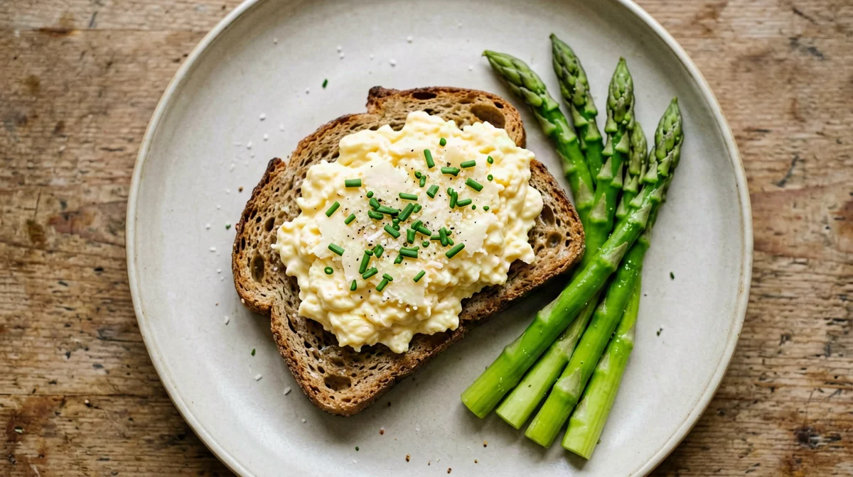 Scrambled eggs with asparagus and wholemeal toast