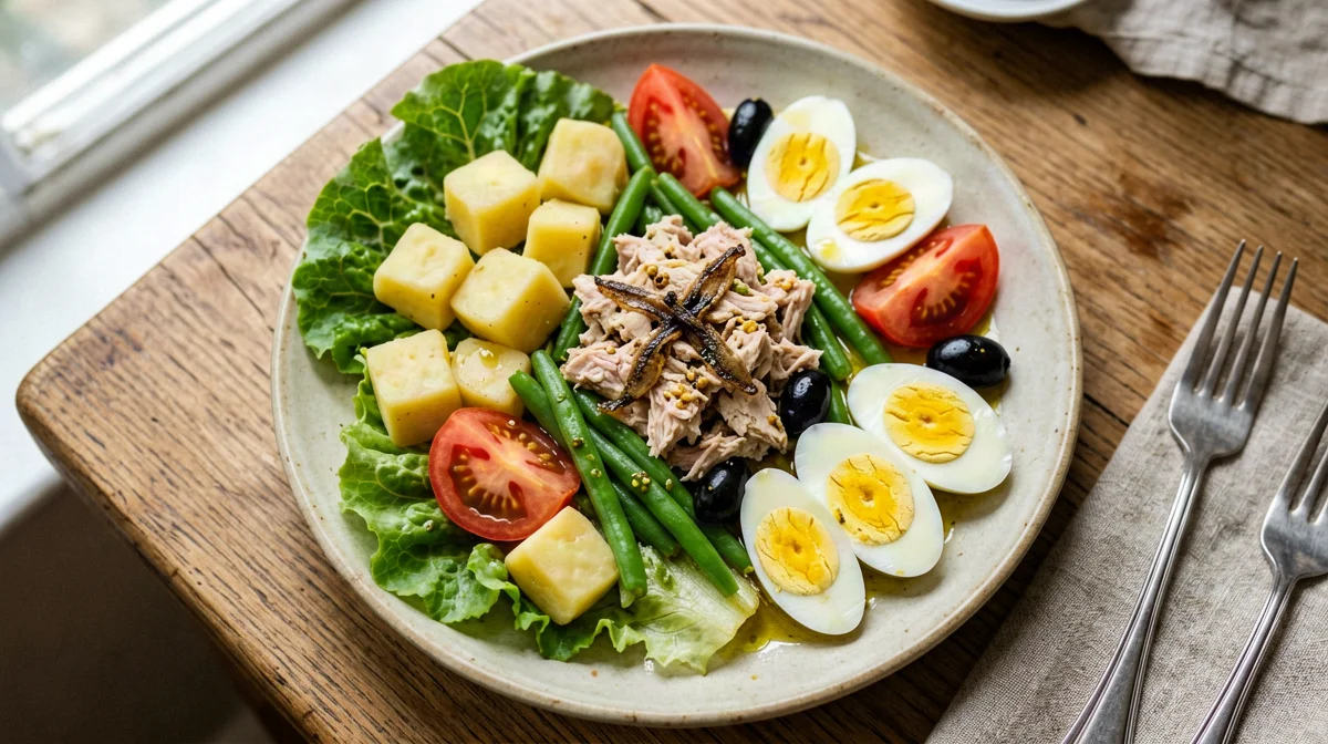 Niçoise salad with eggs, tuna, green beans and potatoes