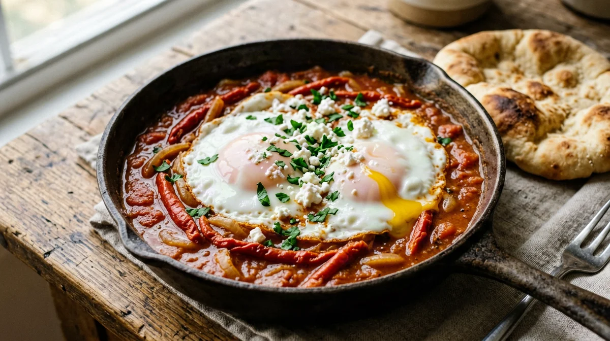 Eggs in pepper and tomato stew with pita