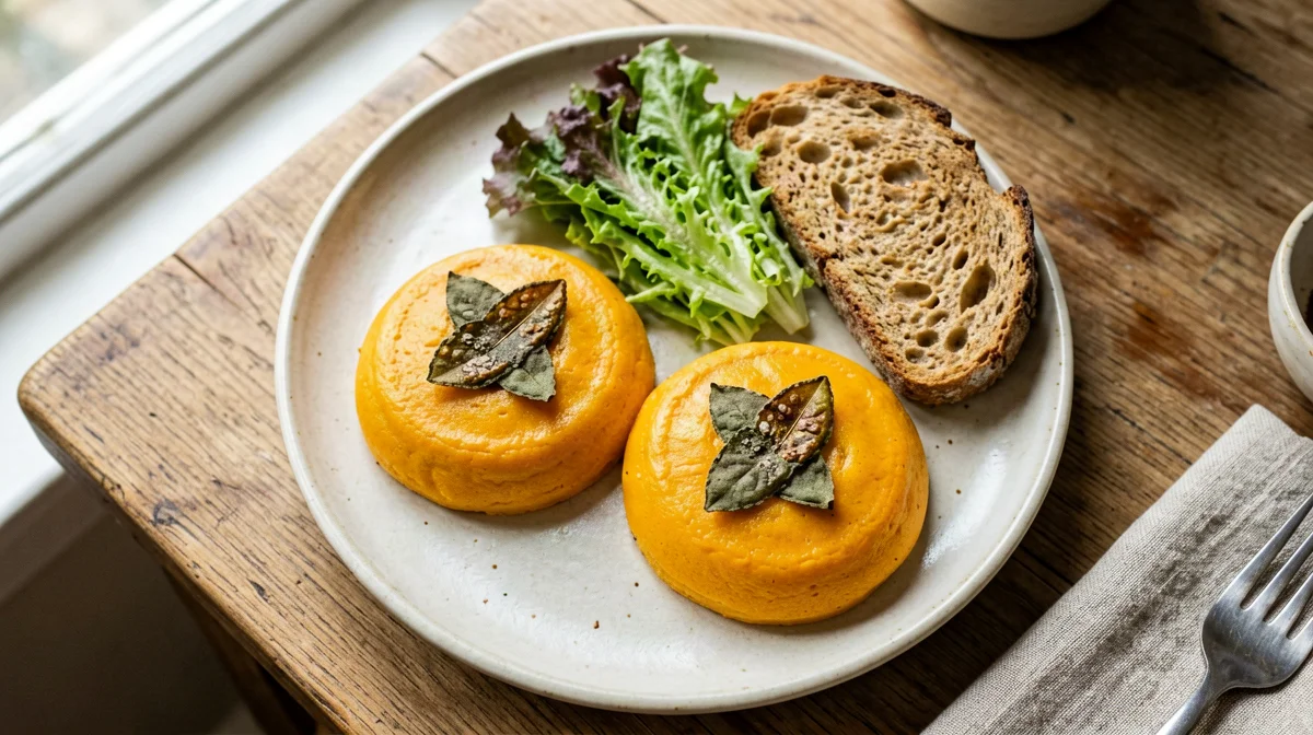 Sformatini di zucca e uova con insalata e pane