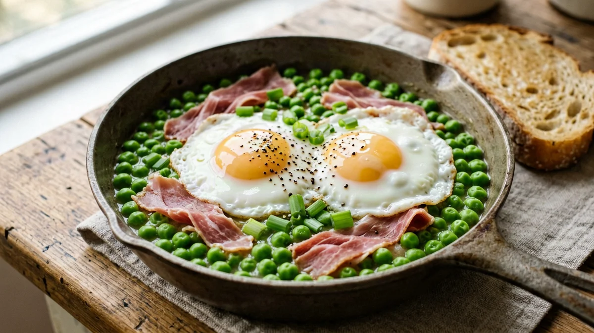 Uova al tegamino con piselli e prosciutto e pane