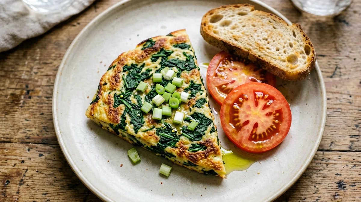 Frittata di erbe spontanee con pane e pomodori