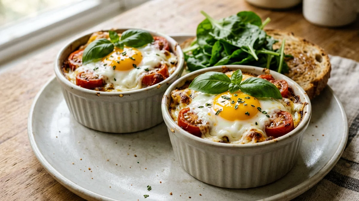 Uova in cocotte con pomodori e mozzarella e pane tostato