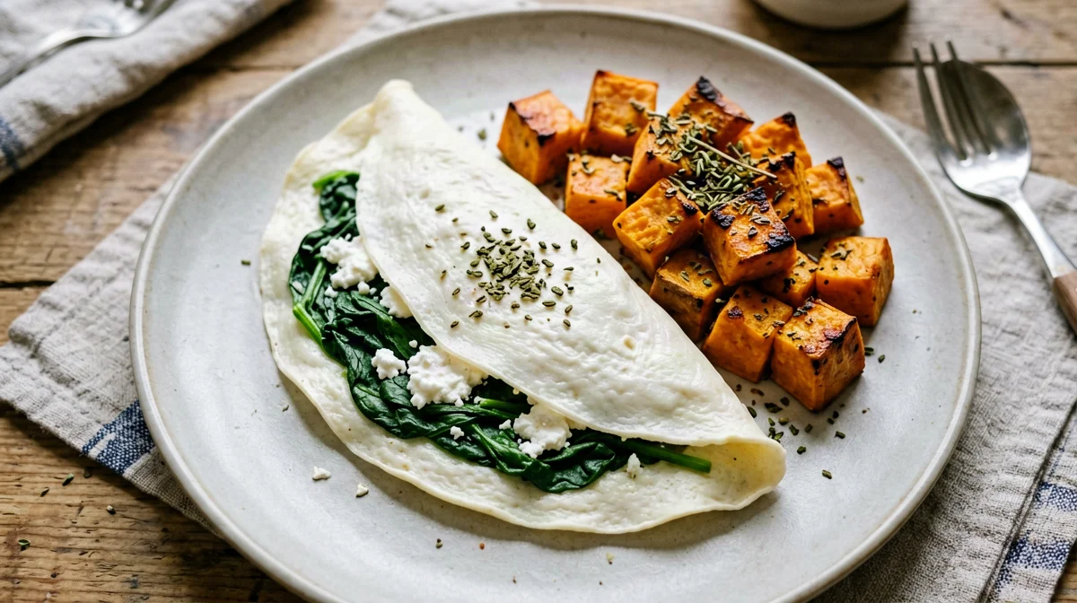 Omelette di albumi con spinaci e feta e patate dolci