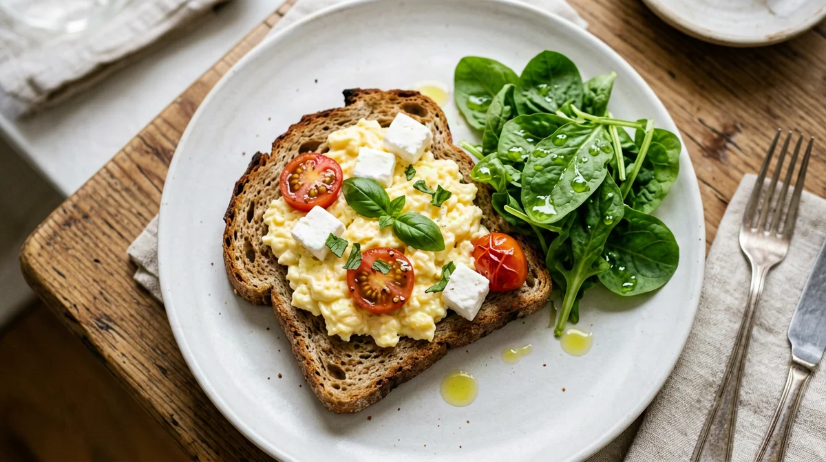 Uova strapazzate con pomodorini e basilico su pane tostato e rucola
