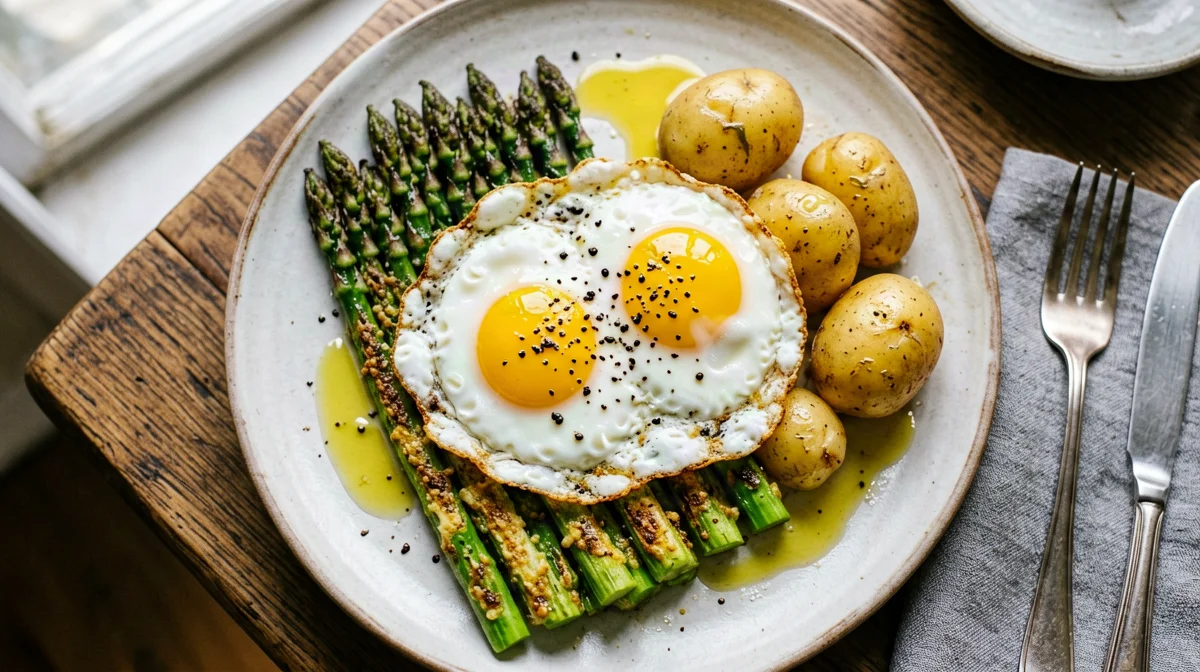 Asparagi alla Bismarck con uova all'occhio e patate novelle