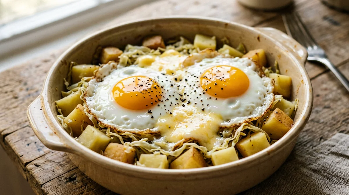 Eggs baked in savoy cabbage with potatoes and fontina