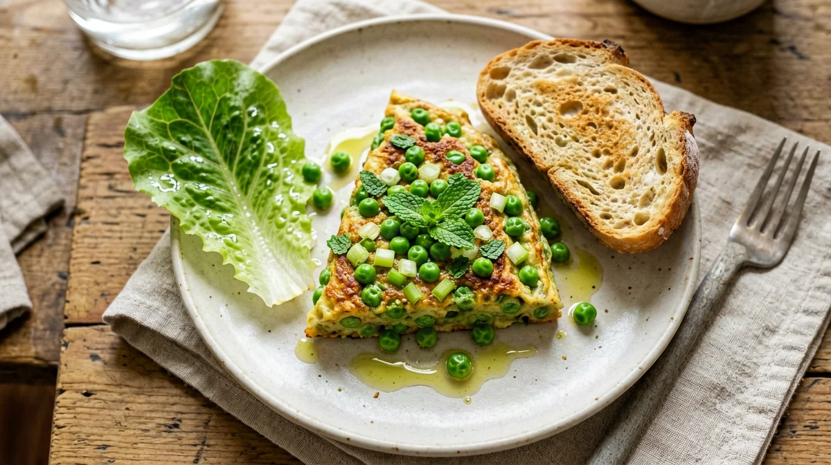 Frittata di piselli e menta con pane e insalata