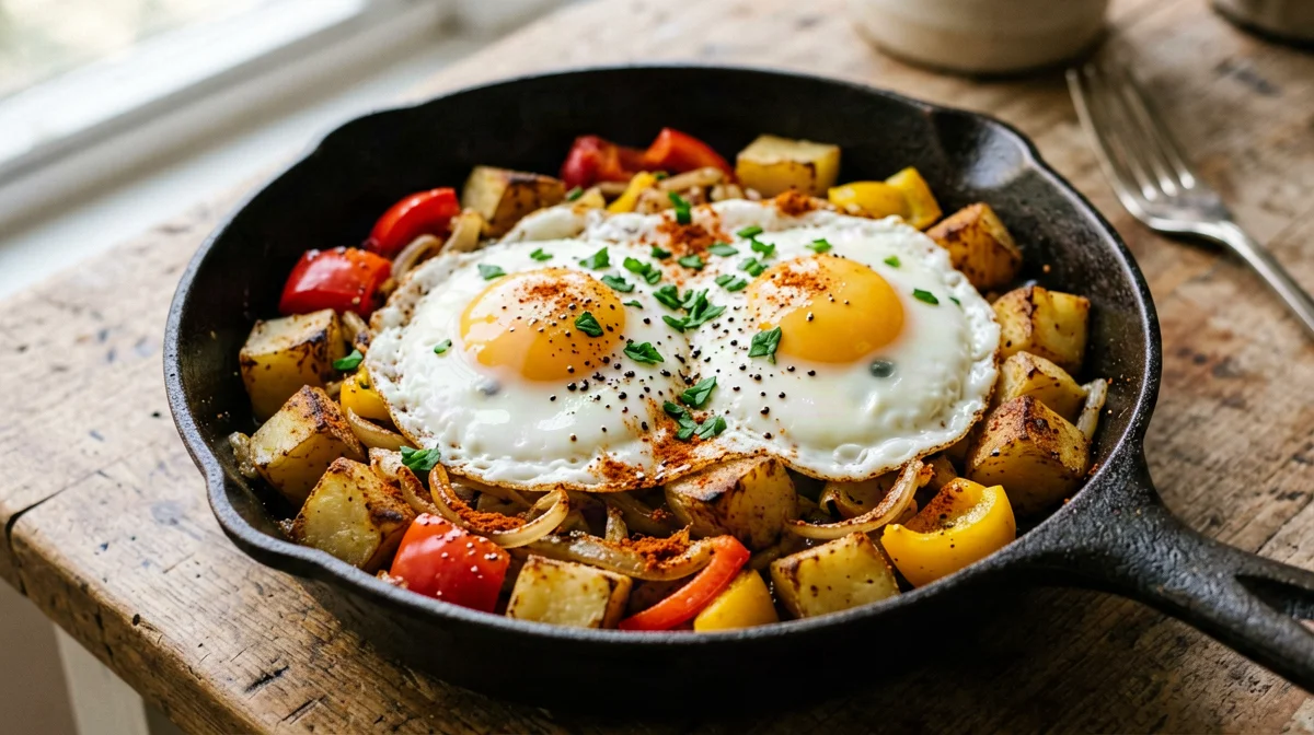 Farmhouse eggs with pan-fried potatoes, peppers and onion