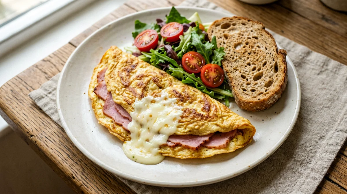 Omelette con prosciutto cotto e fontina, insalata e pane