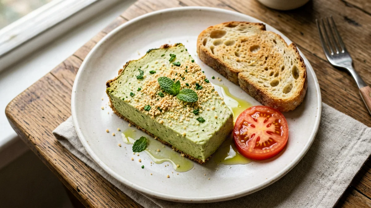Sformato di zucchine e uova con pane e pomodori