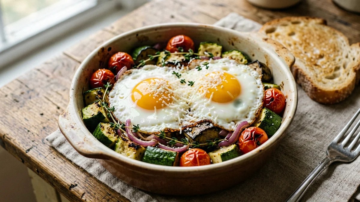 Eggs baked over zucchini, tomatoes and aubergine with bread