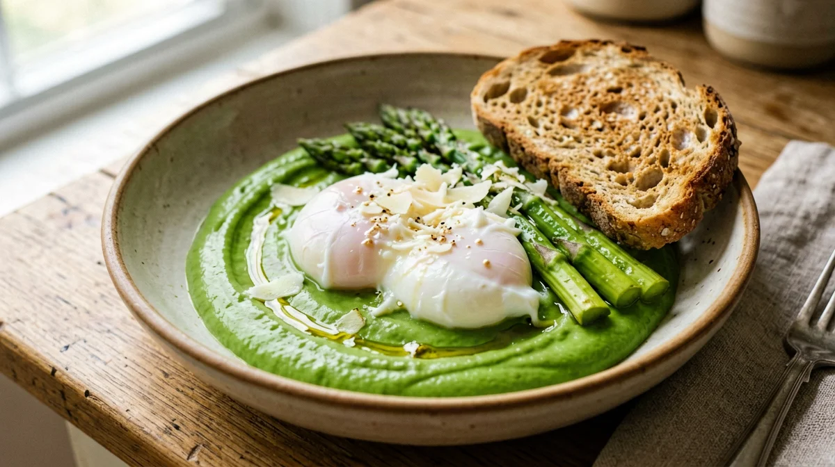 Uova in camicia con crema di piselli e asparagi e pane tostato