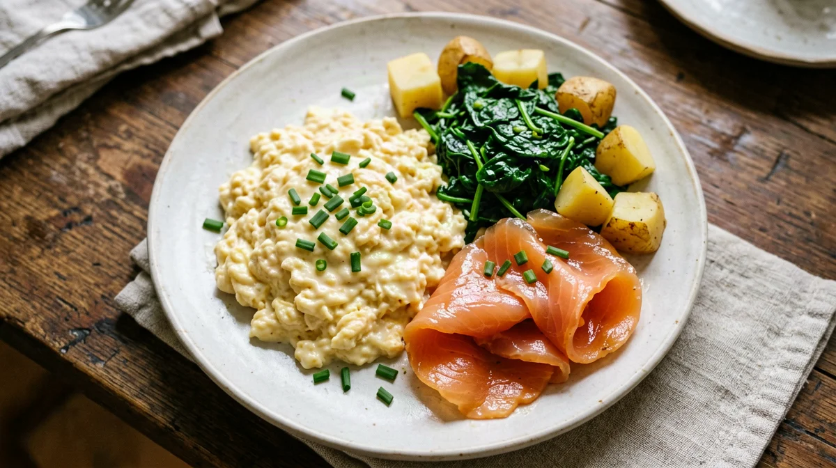 Uova strapazzate con salmone affumicato, spinaci e patate