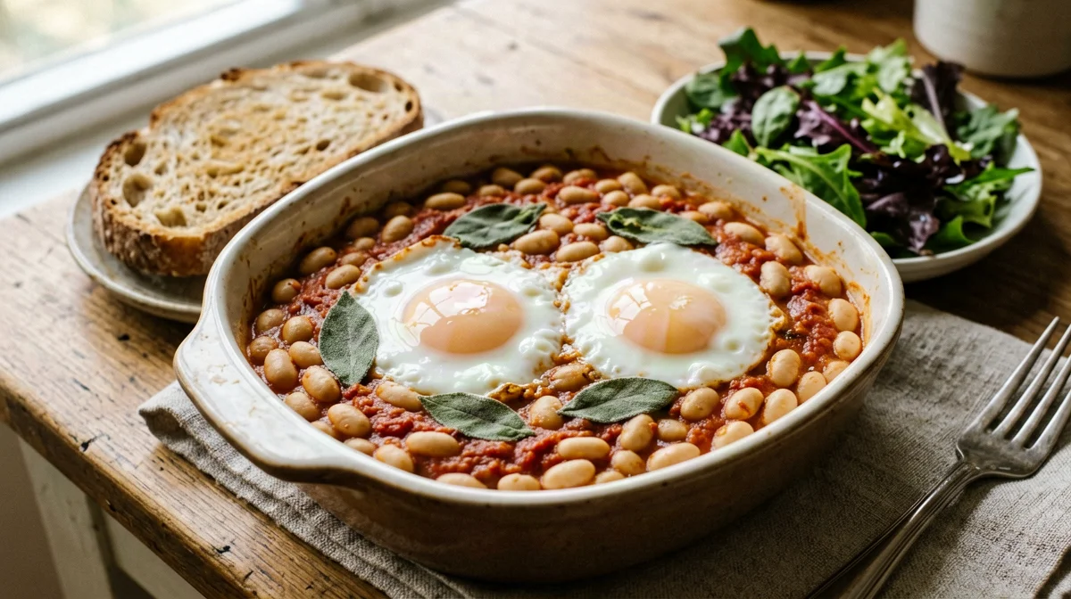 Baked eggs with uccelletto beans and bread