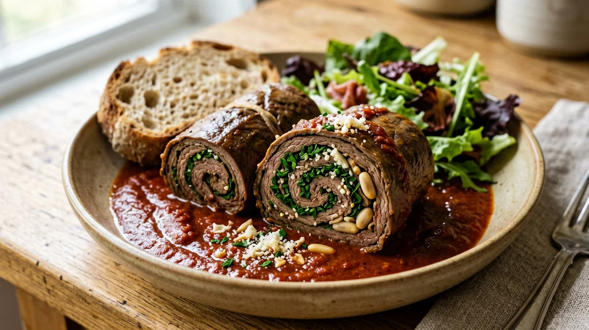 Neapolitan beef braciole in tomato sauce with bread
