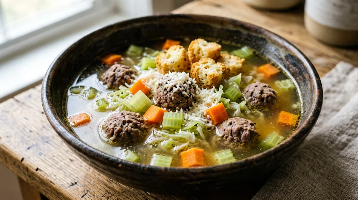 Little beef meatballs in broth with vegetables and croutons