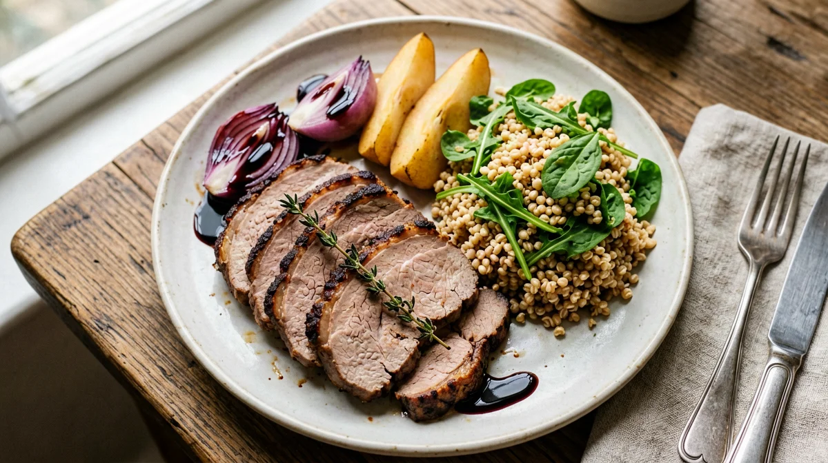 Thyme pork tenderloin with pears, red onions and spelt