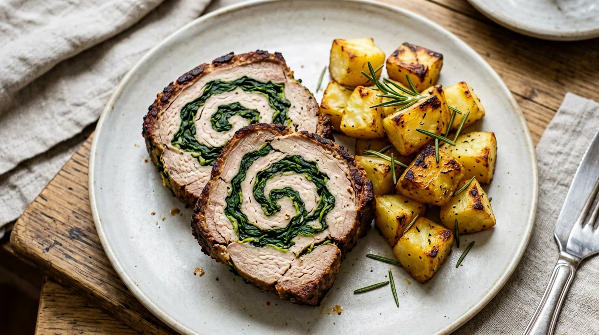 Pork and veal meatloaf stuffed with spinach with potatoes