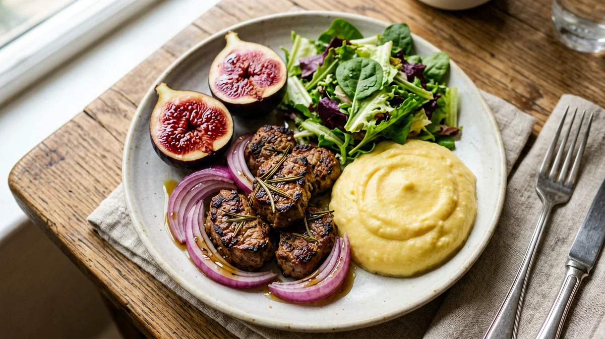 Filetto di maiale con fichi e cipolle rosse e polenta