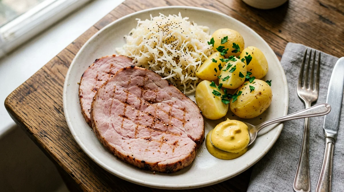 Prosciutto cotto caldo con crauti, senape e patate