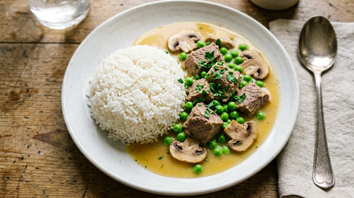 Spezzatino di vitello con piselli e funghi e riso