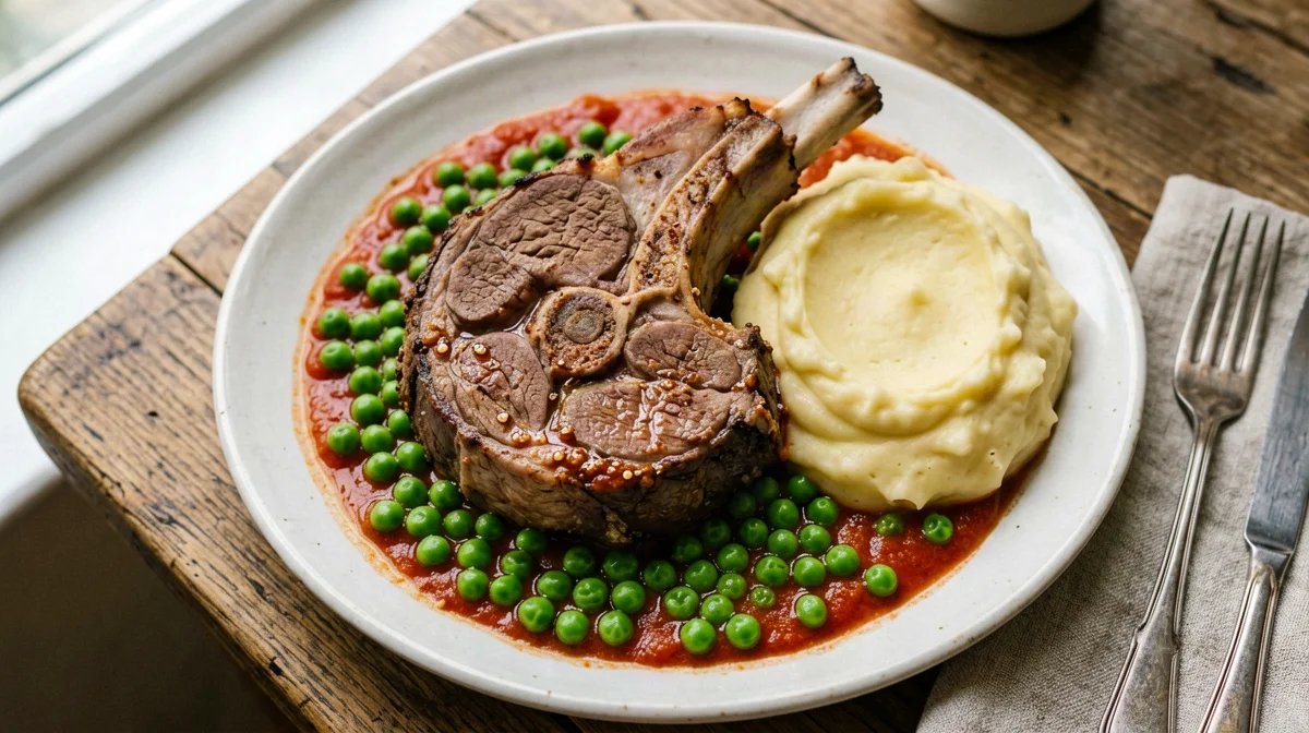 Roman-style ossobuco with peas and mash