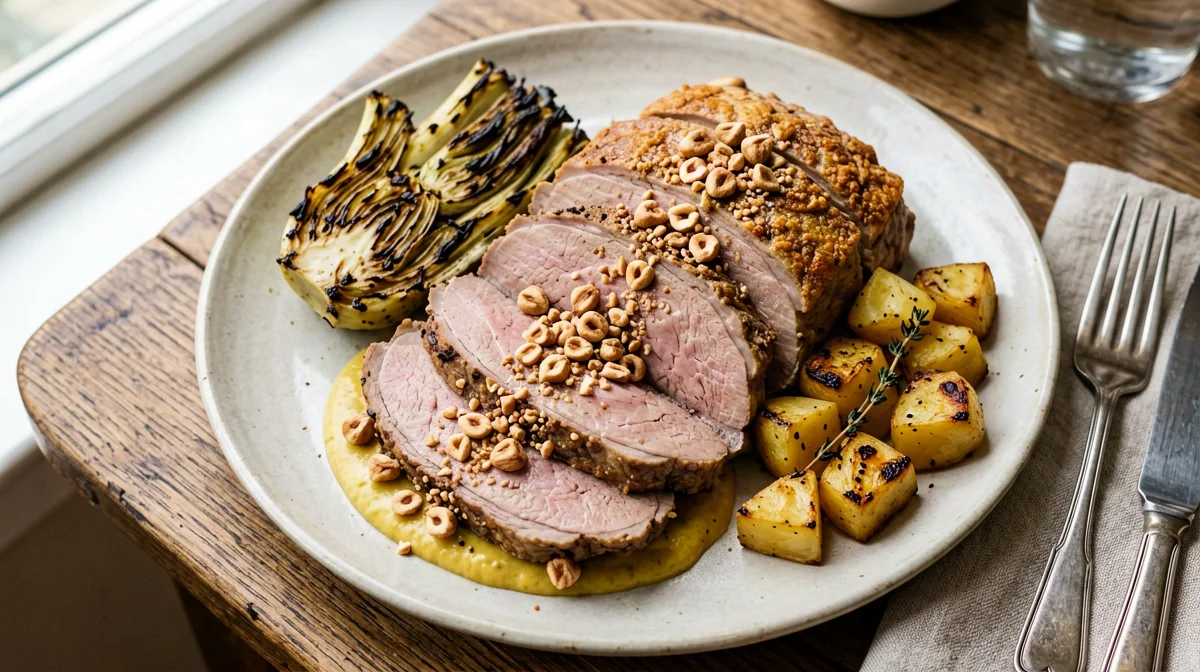 Hazelnut-crusted veal loin with fennel and potatoes