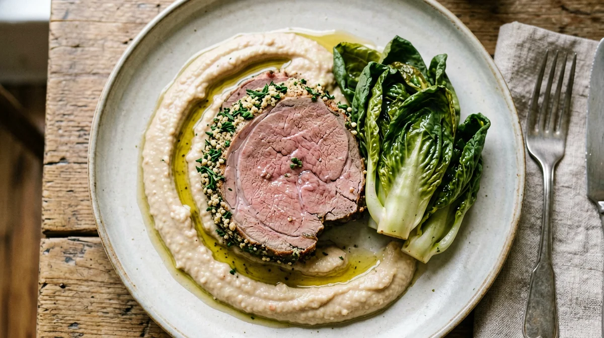 Herb-crusted leg of lamb with broad bean purée